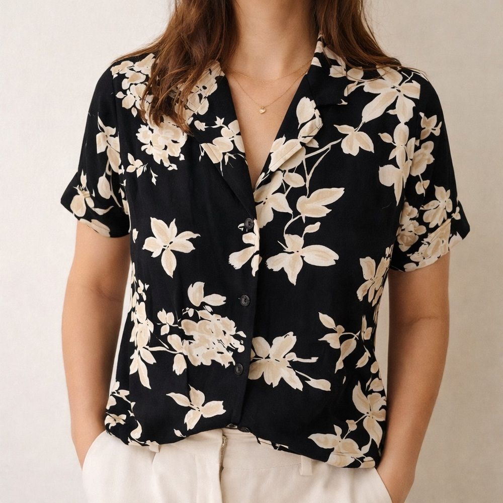 Isaac Mizrahi Live Floral Button Up Blouse Xs Black Rayon Stretch Top